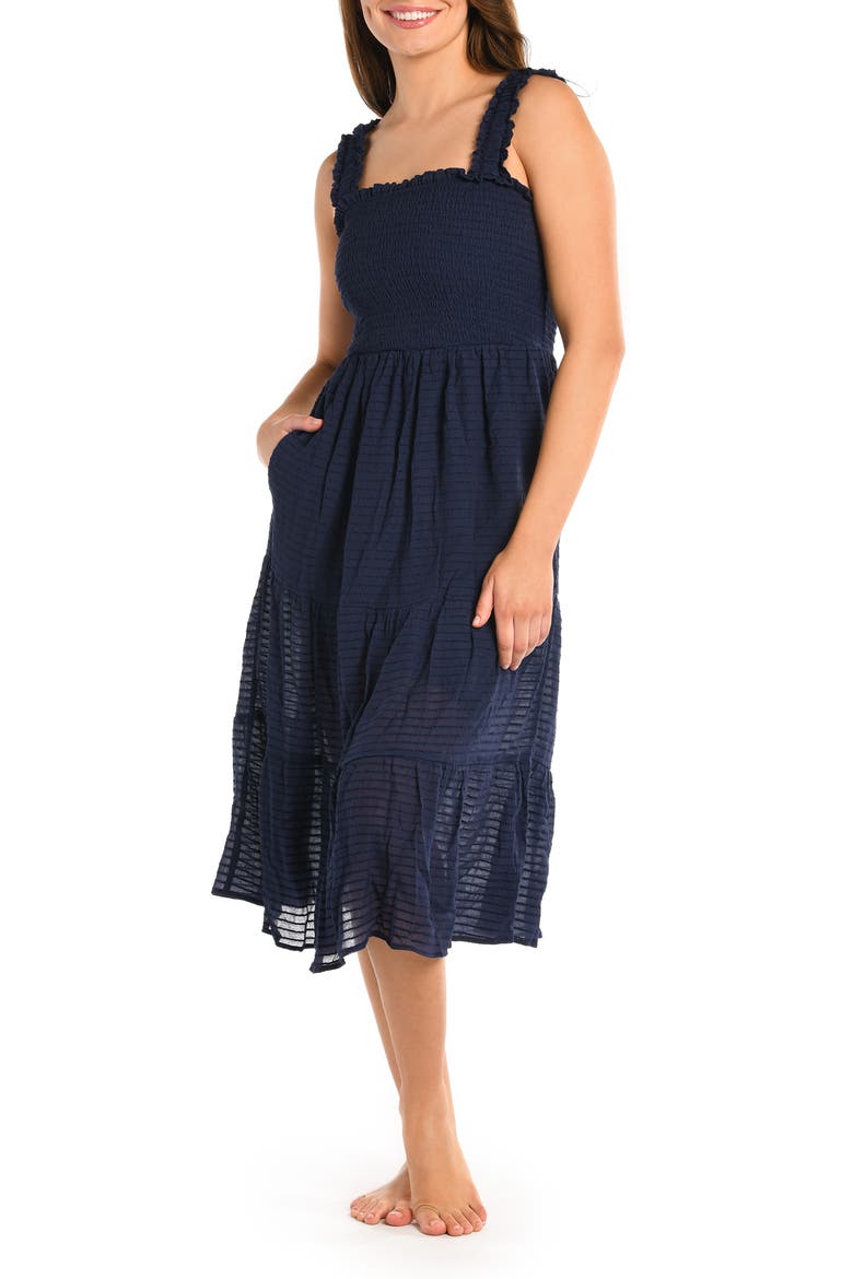 Shadow Smocked Bodice Cover-Up Sundress, Main, color, INDIGO