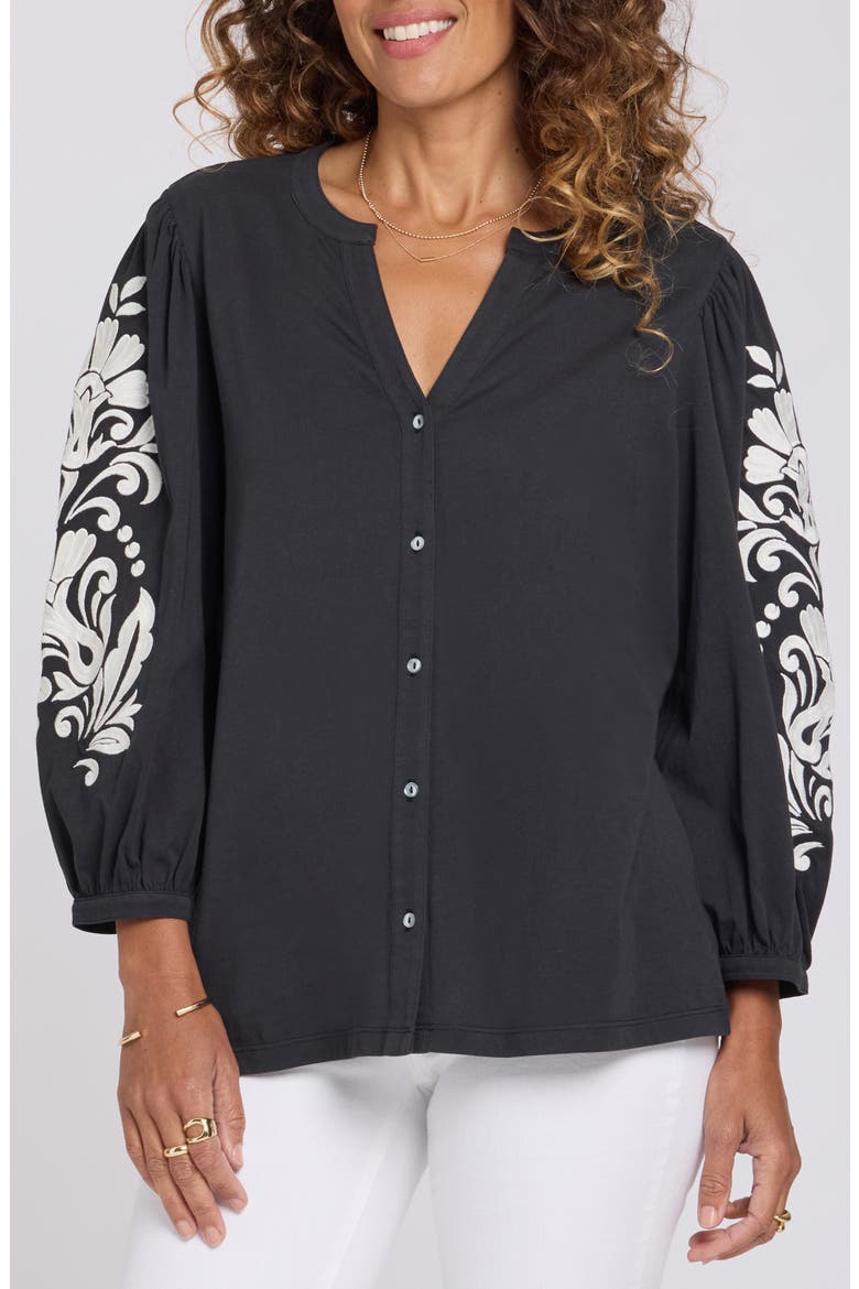 Embroidered Balloon Sleeve Cotton Button-Up Shirt, Main, color, BLACK/ IVORY COMBO