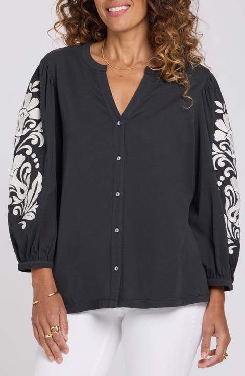 Embroidered Balloon Sleeve Cotton Button-Up Shirt