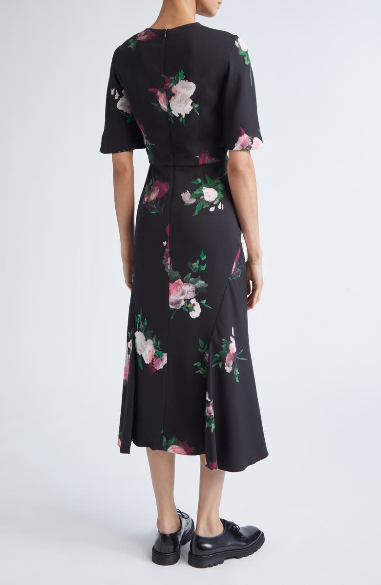 Erdem Floral Flutter Sleeve Stretch Cady Midi Dress, Alternate, color, Painted Rose Bouquet Black