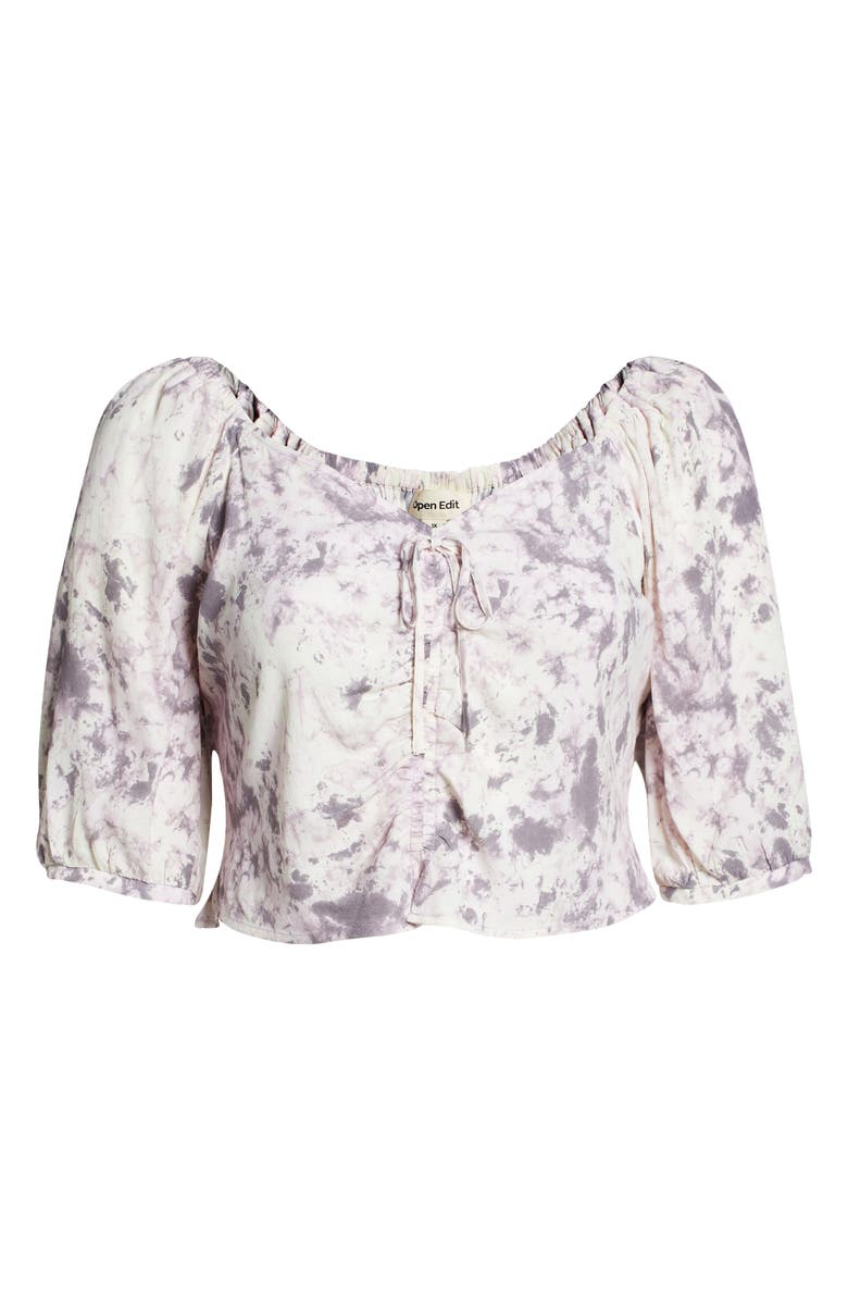 Open Edit Tie Front Puff Sleeve Blouse, Alternate, color, Ivory- Grey Q Campy Dye