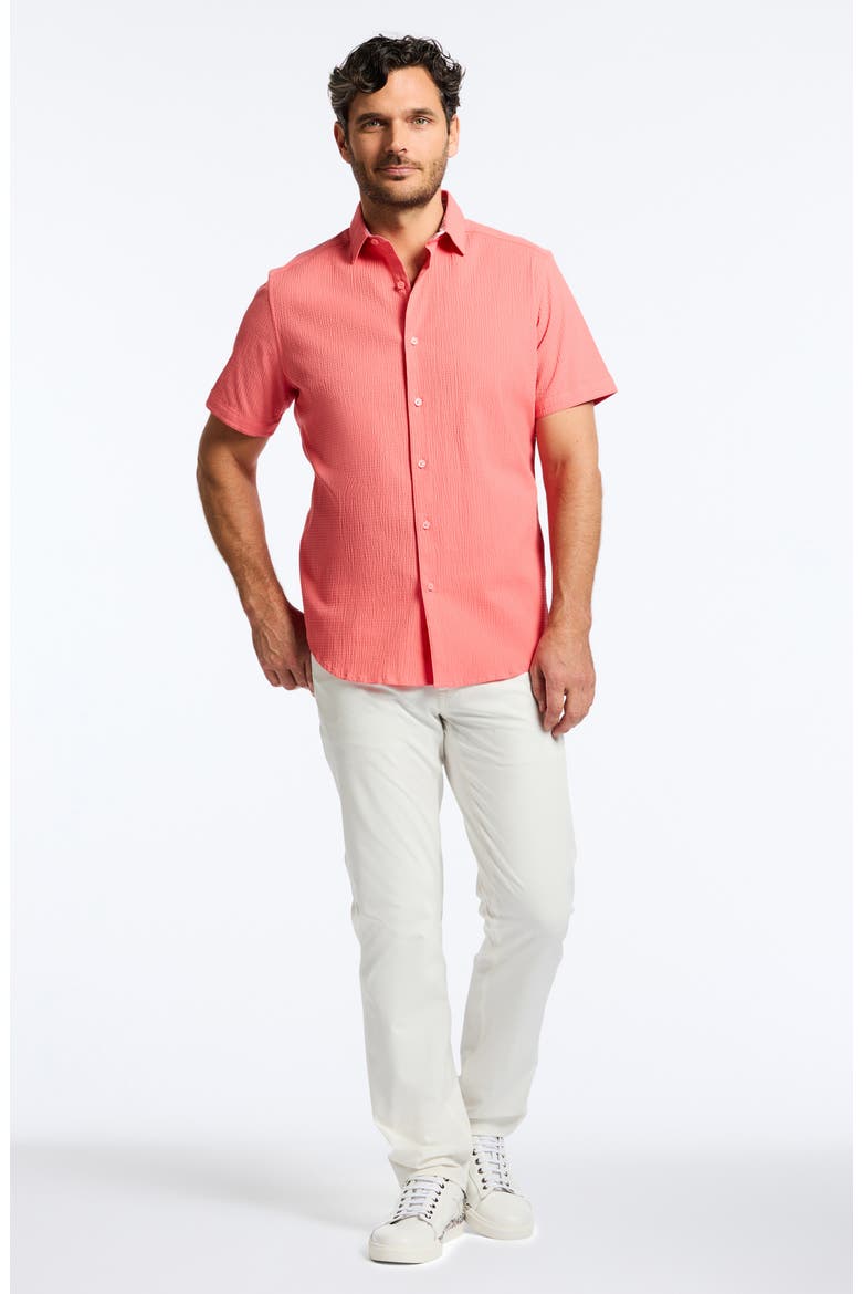 Thresher Classic Fit Solid Short Sleeve Cotton Seersucker Button-Up Shirt, Alternate, color, CORAL