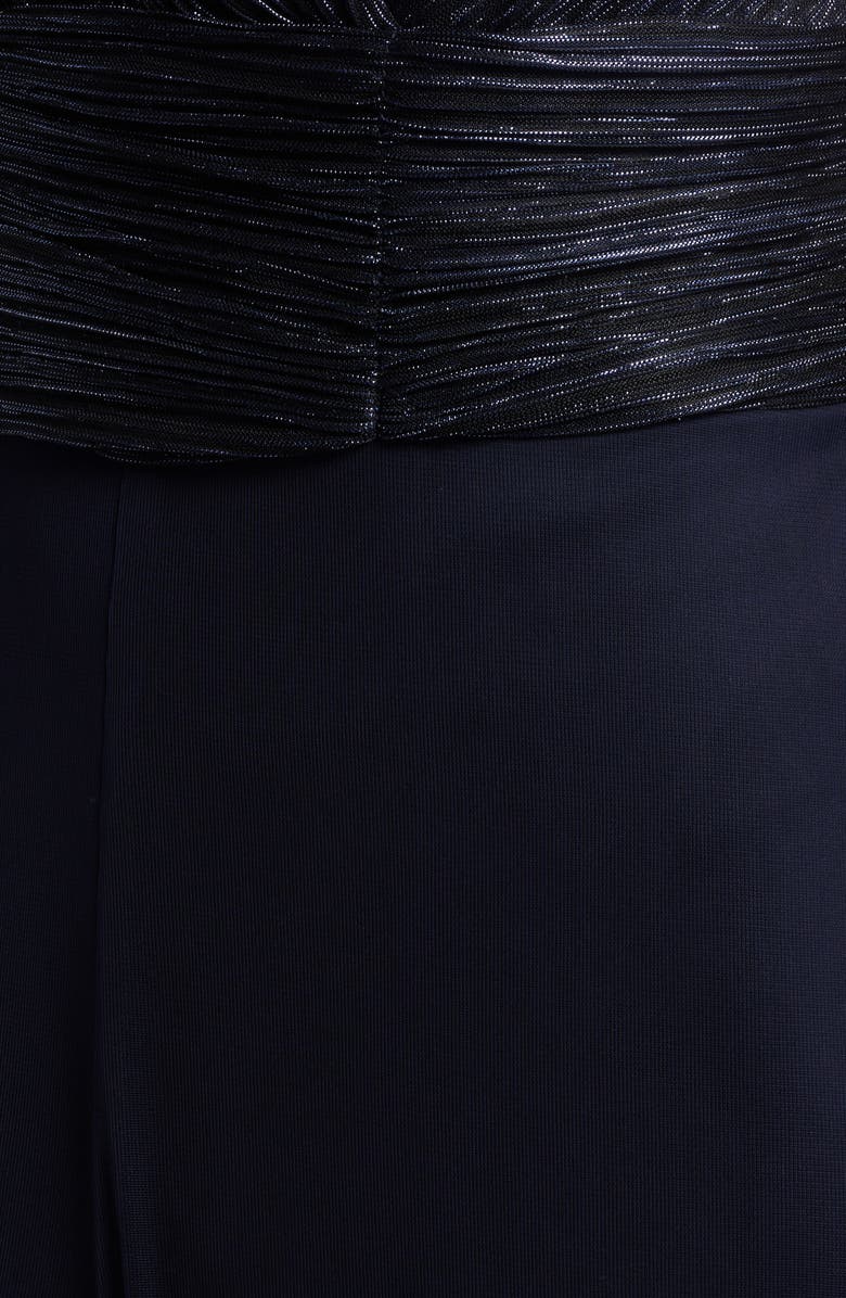 Connected Apparel Metallic Plissé Mixed Media Wide Leg Jumpsuit, Alternate, color, Navy