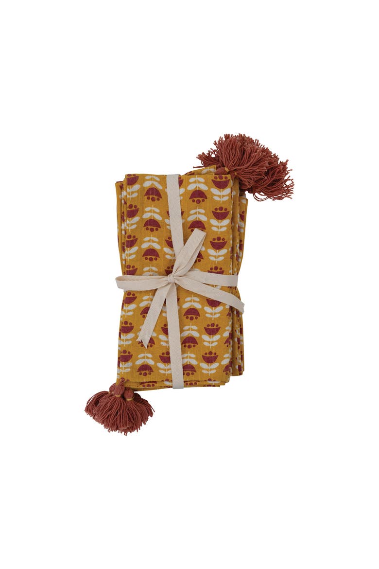 Cotton Napkins with Floral Pattern and Tassels, Set of 4, Main, color, Orange