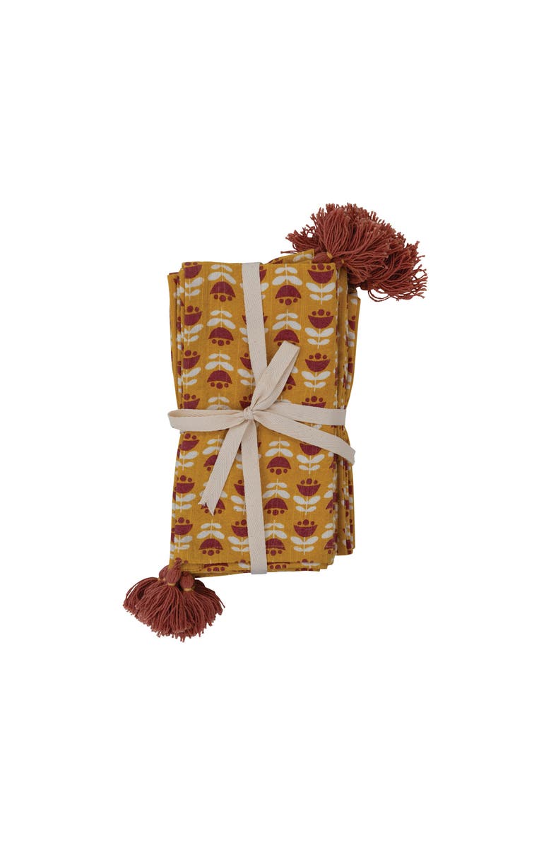 Storied Home Cotton Napkins with Floral Pattern and Tassels, Set of 4, Main, color, Orange
