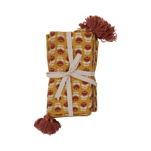 Storied Home Cotton Napkins With Floral Pattern And Tassels, Set Of 4 In Orange