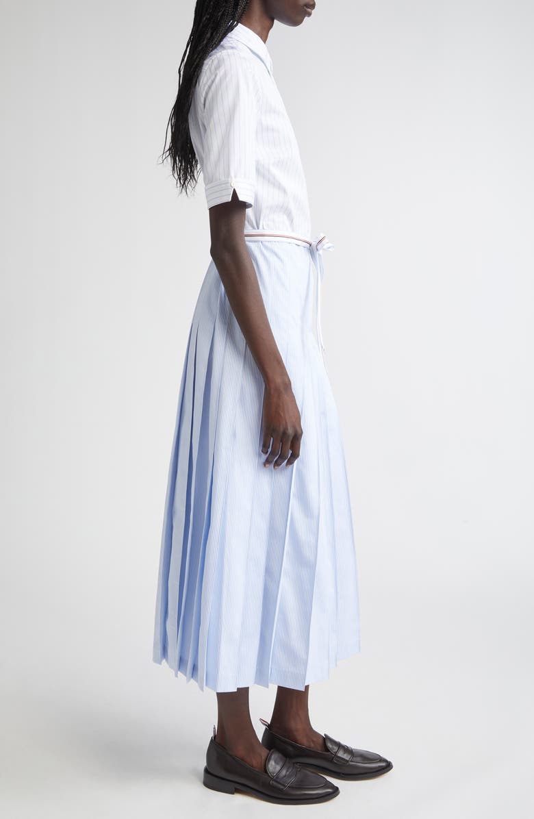 Thom Browne Mixed Stripe Pleated Button-Down Shirtdress, Alternate, color, Light Blue