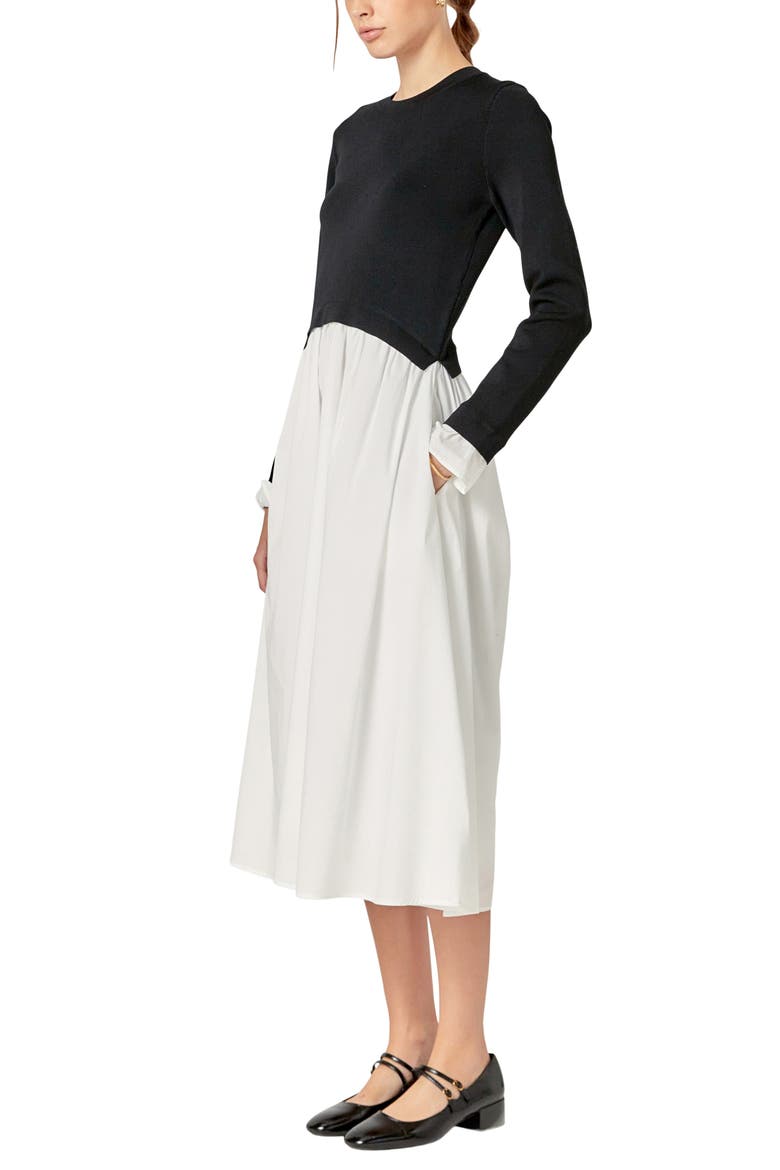 Twofer Long Sleeve Mixed Media Midi Dress, Alternate, color, BLACK/ WHITE