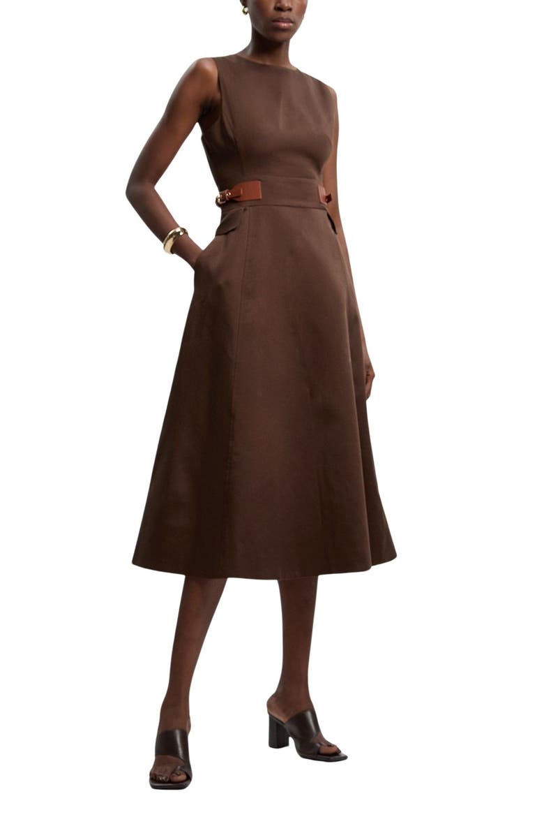 Fitted Belt Crew Neck Midi Dress, Alternate, color, Chocolate