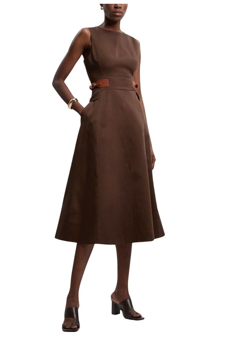 Karen Millen Fitted Belt Crew Neck Midi Dress, Alternate, color, Chocolate