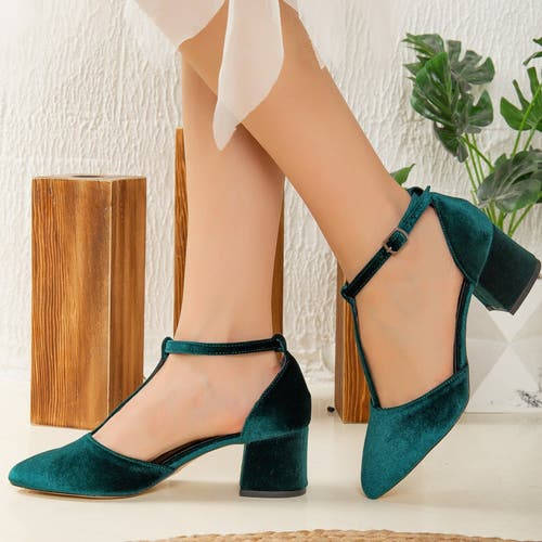 Forever & Always Shoes Anicette Velvet Mary Jane Heels In Emerald Green