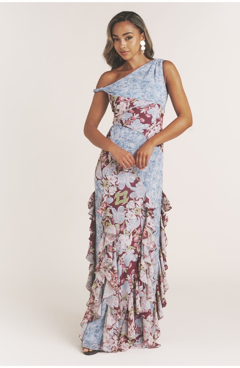 Six Stories Floral Print Twist Detail Ruffle Dress, Main, color, Pale Blue