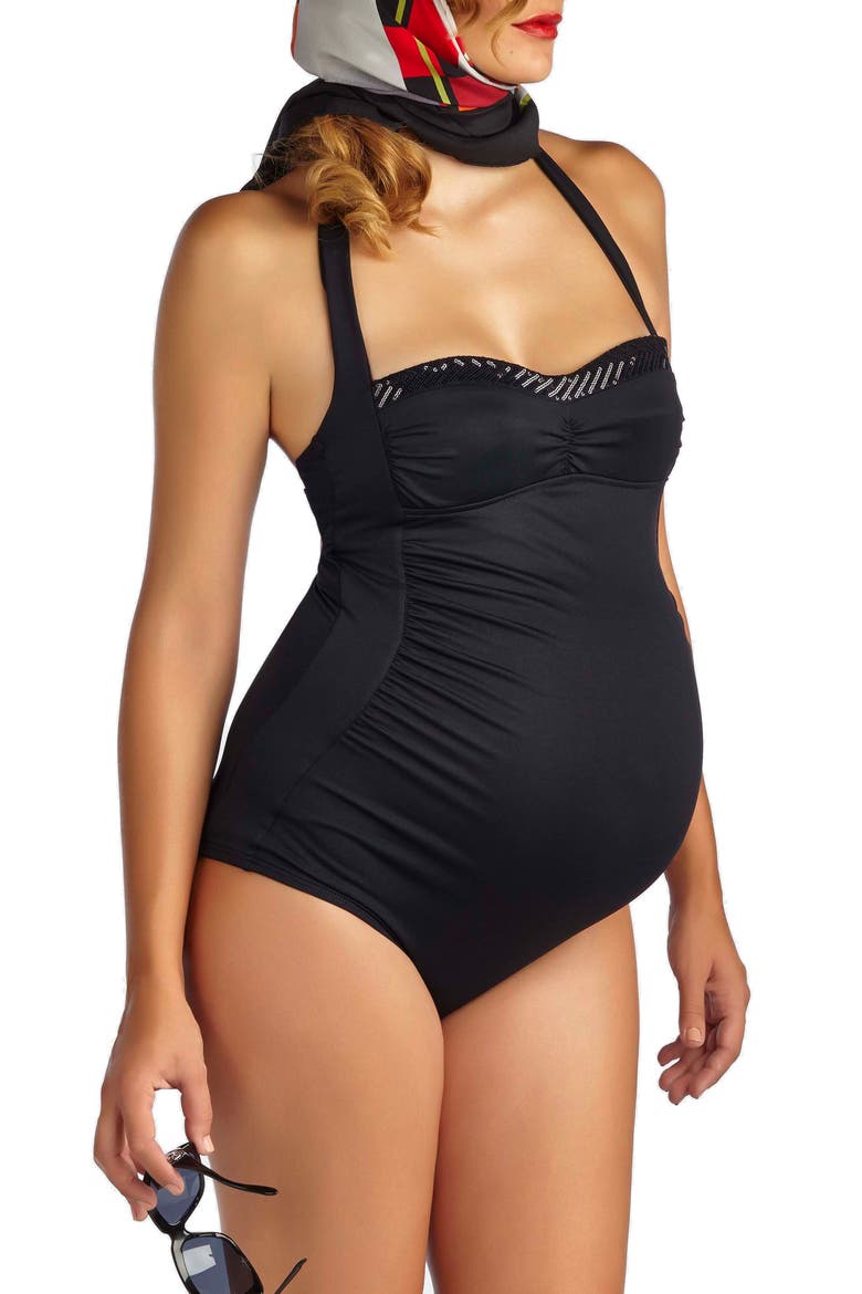 Retro Ruched One-Piece Maternity Swimsuit, Alternate, color, BLACK