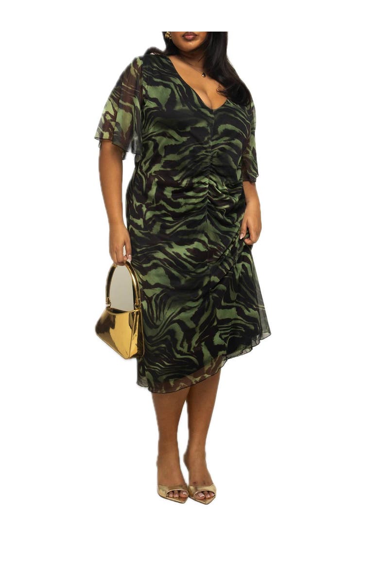 Plus Size Zebra Print Mesh Midi Dress, Alternate, color, Khaki