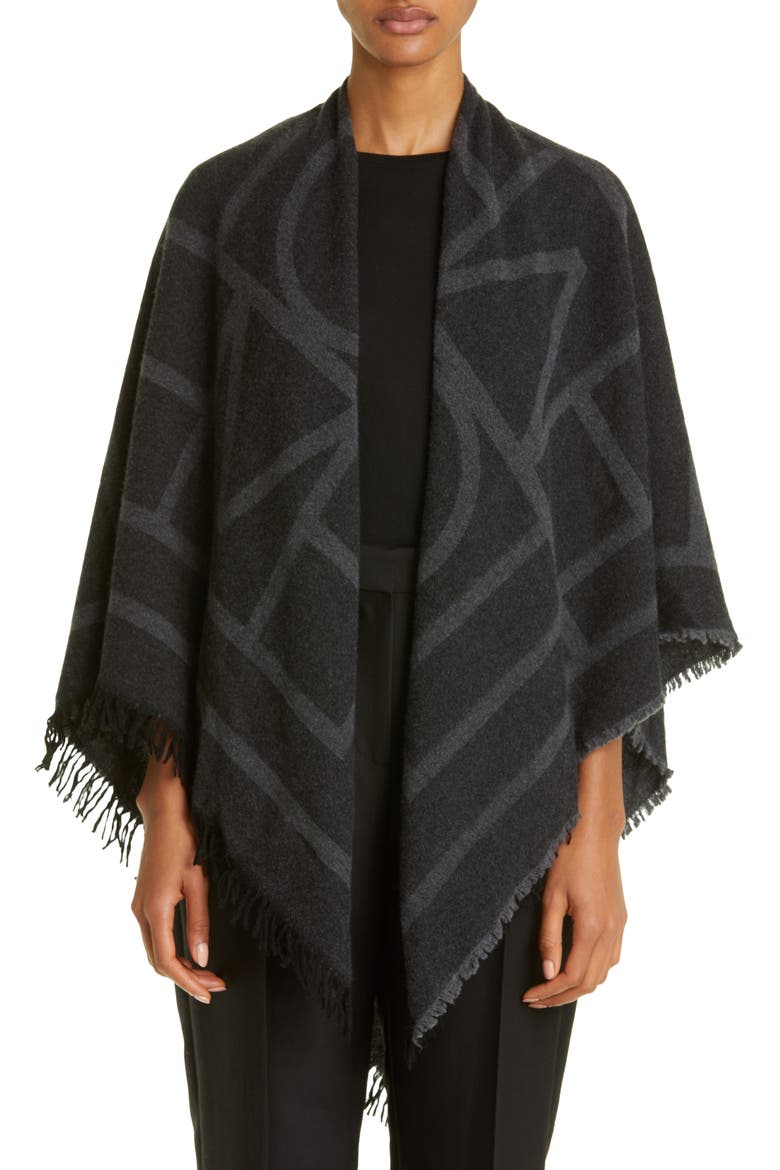 Monogram Wool & Cashmere Fringe Scarf, Main, color, DARK GREY MONOGRAM