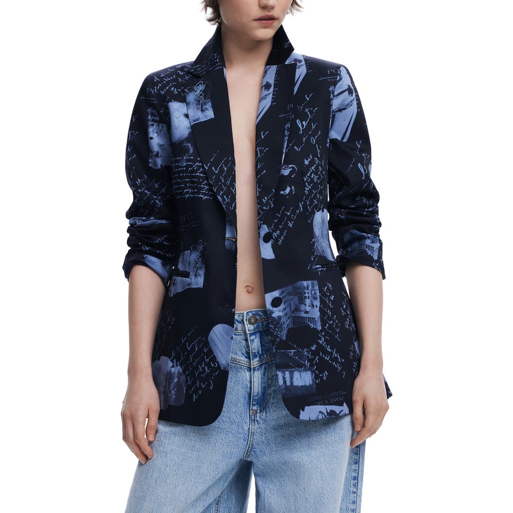 Desigual Print Two-button Blazer In Dark Blue