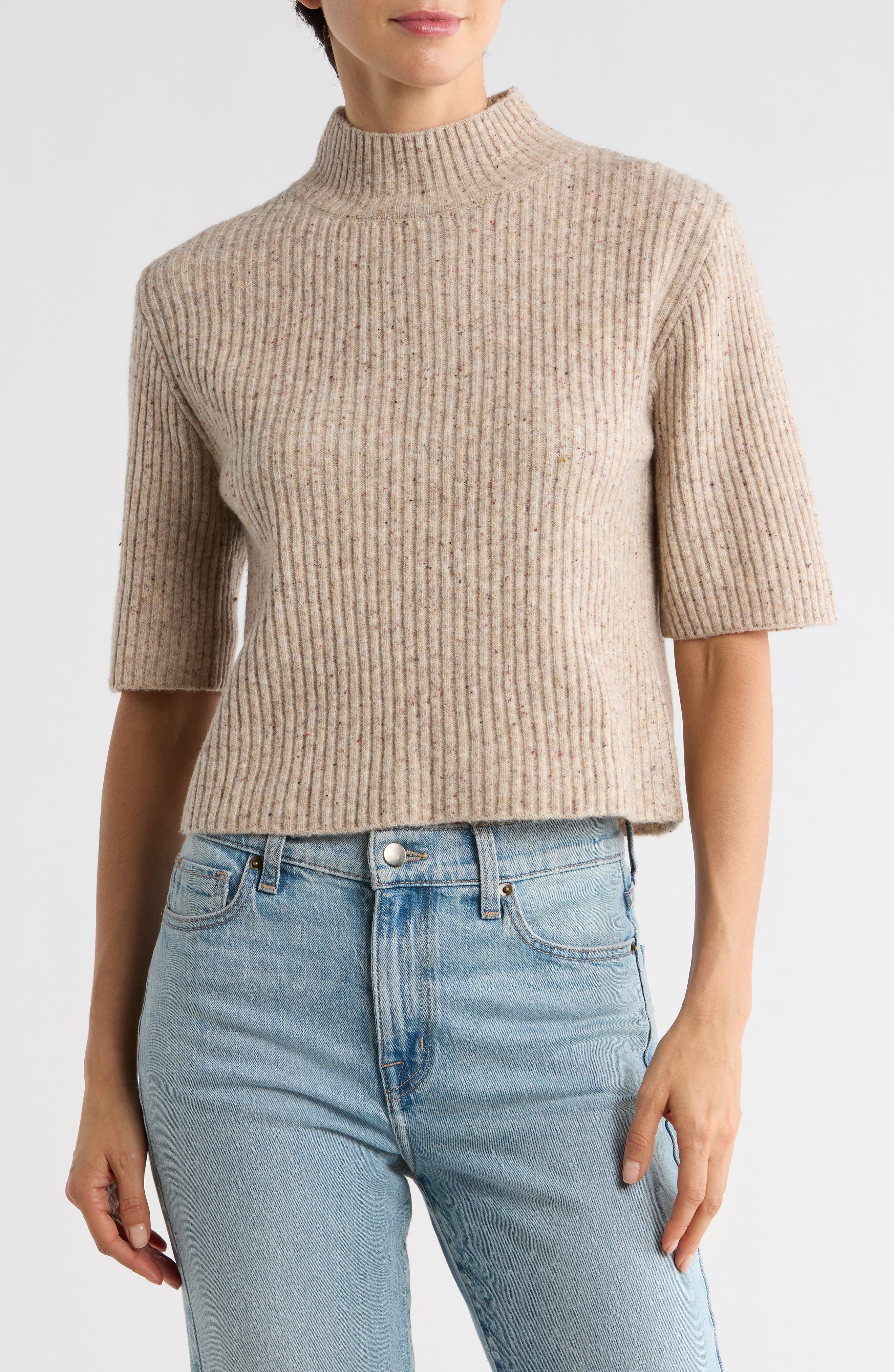 Bobeau Speckled Mock Neck Short Sleeve Sweater