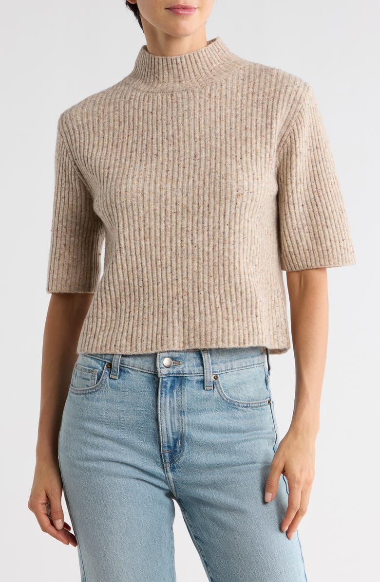 Bobeau Speckled Mock Neck Short Sleeve Sweater, Main, color, Oatmeal Mix
