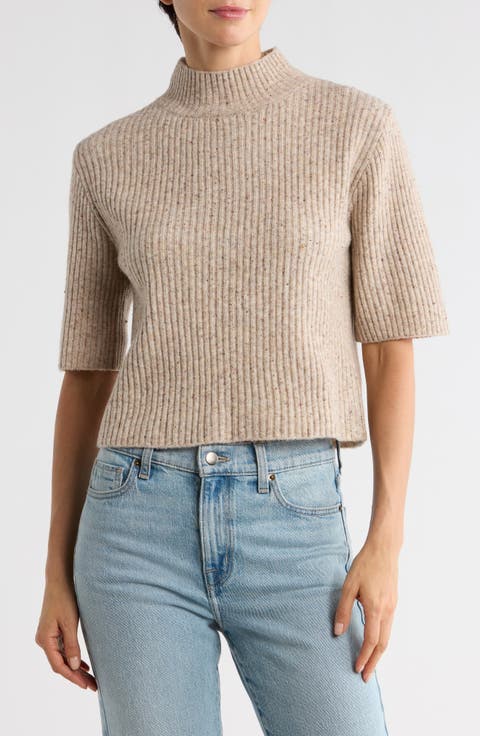 Speckled Mock Neck Short Sleeve Sweater