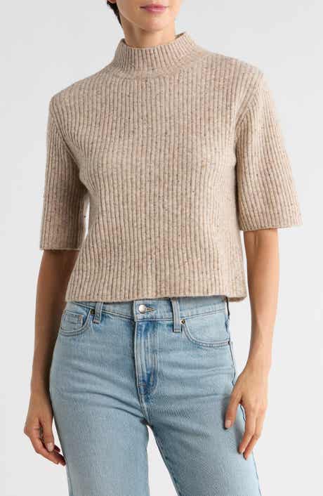 Bobeau Speckled Mock Neck Short Sleeve Sweater