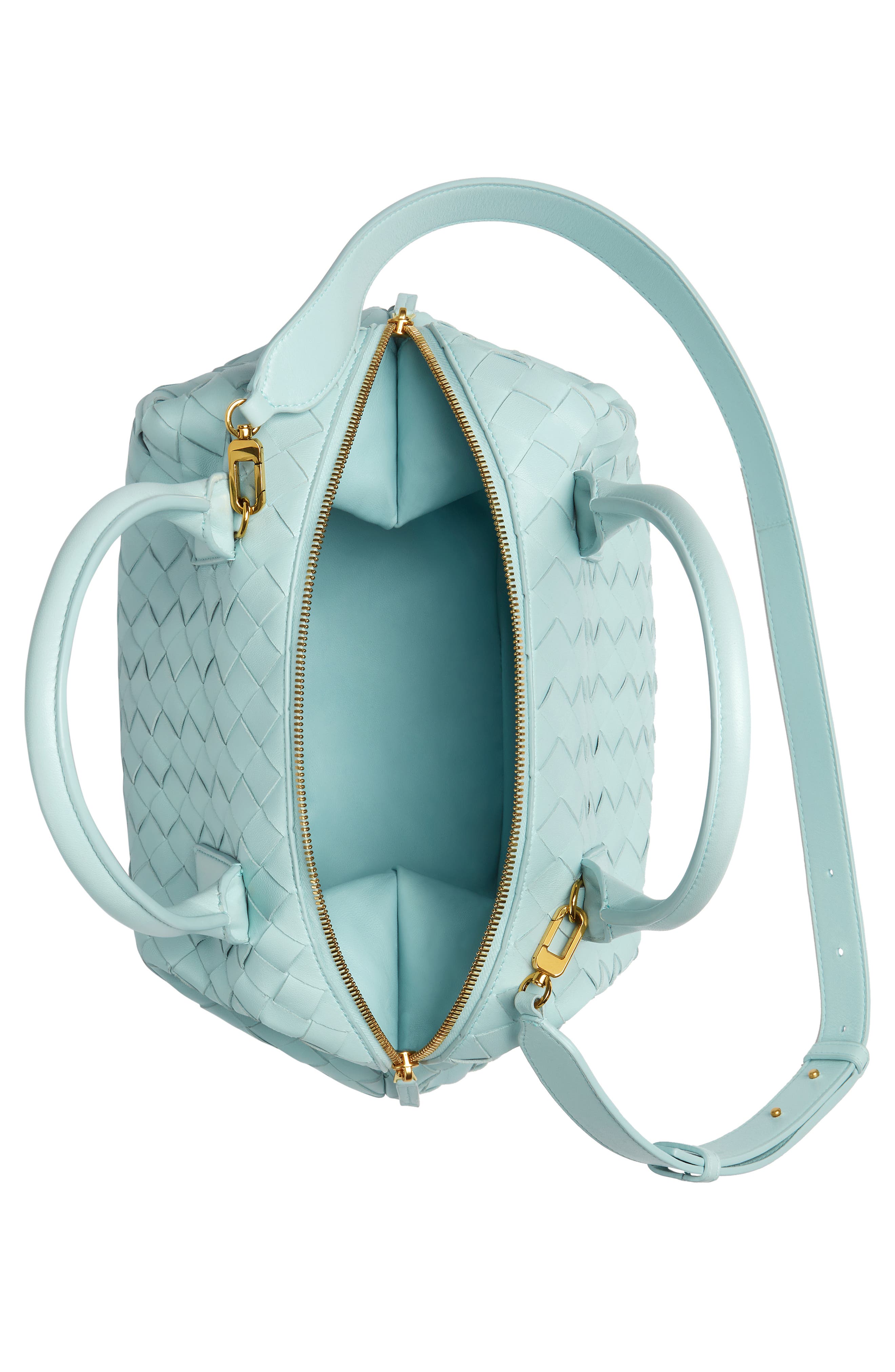 Bottega Veneta Medium Bauletto Intreciatto Leather Satchel, Alternate, color, 3943 Teal Washed-M Brass