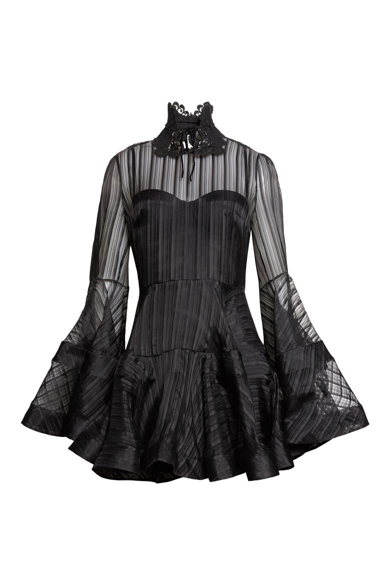 Valiant Lantern Stripe Long Sleeve Silk Minidress, Alternate, color, BLACK