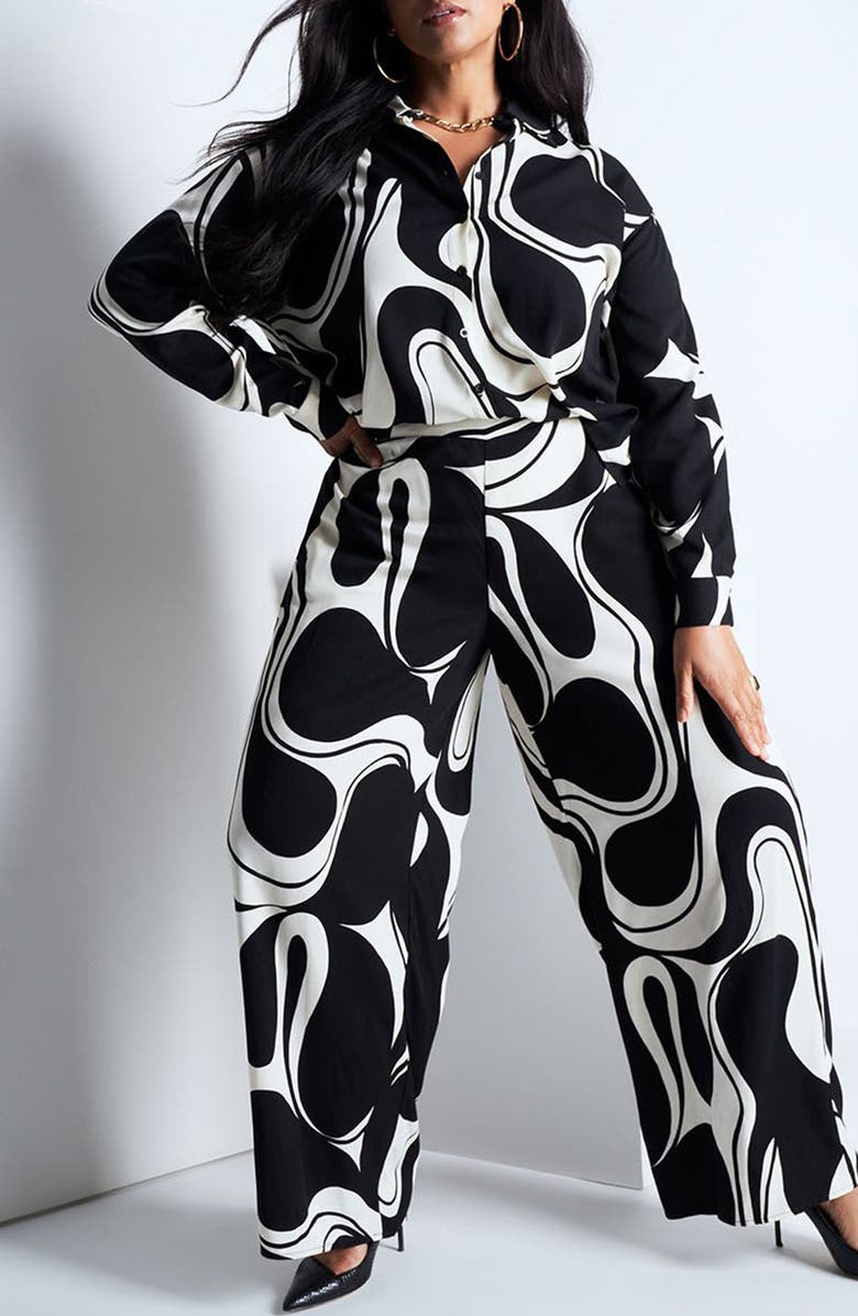 ELOQUII Abstract Print Pull-On Wide Leg Pants, Alternate, color, 