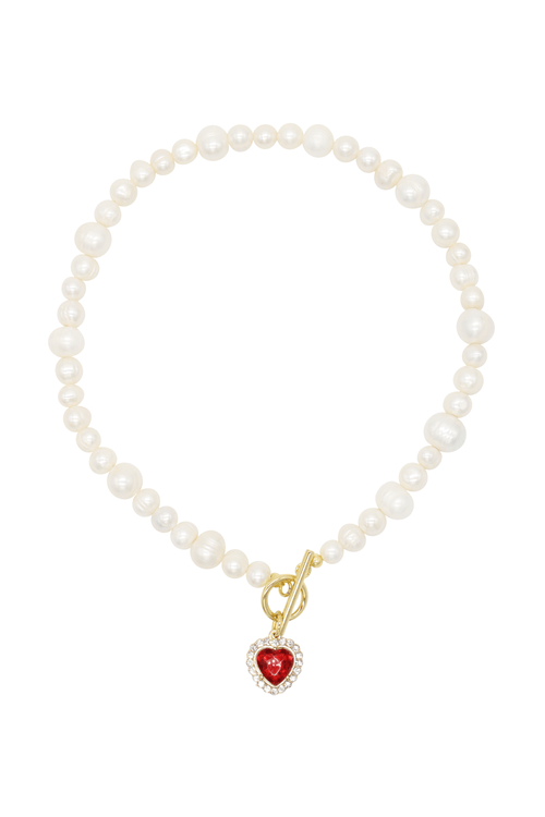 Velvet Luna Heart Pearl Necklace In Red