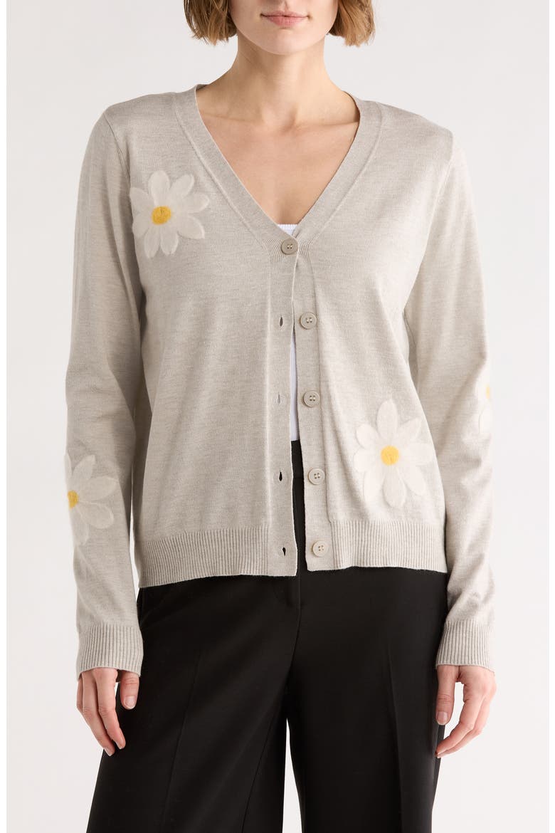 Floral Appliqué V-Neck Cardigan, Main, color, GREY/ IVORY