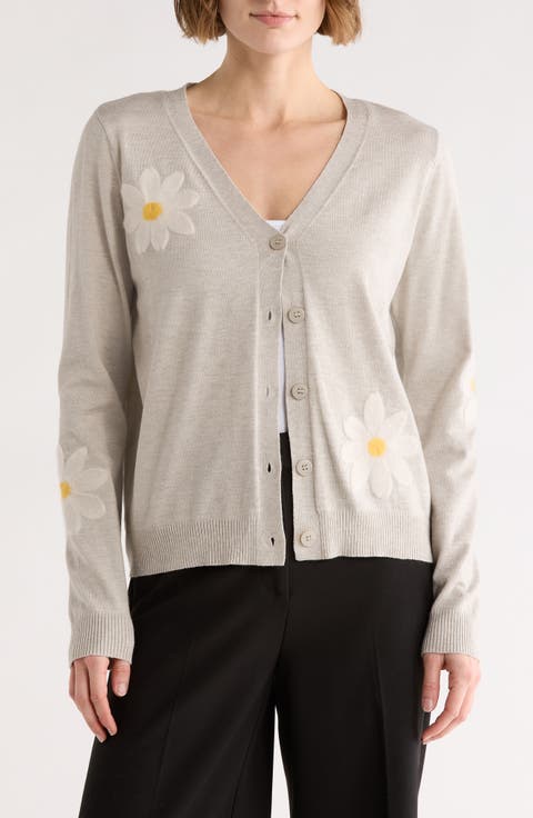 Floral Appliqué V-Neck Cardigan