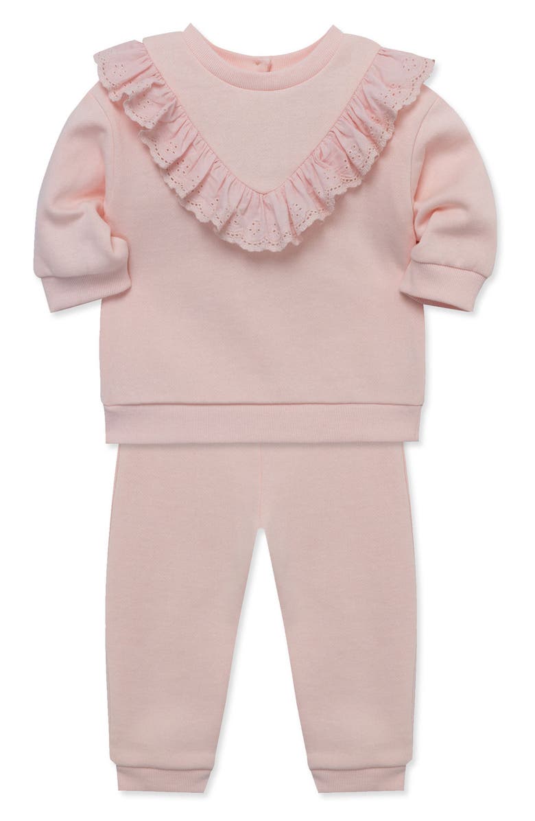 Little Me Eyelet Ruffle Sweatshirt & Sweatpants Set, Alternate, color, Pink