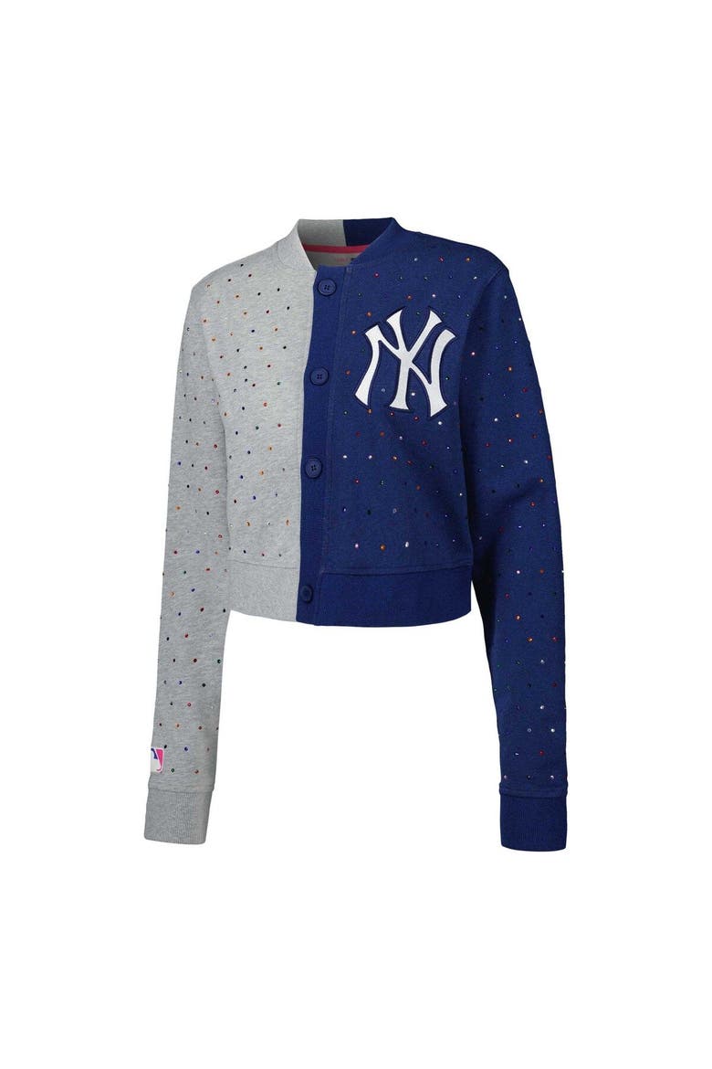 Women's Terez Gray/Navy New York Yankees Cropped Button-Up Cardigan, Alternate, color, Gray