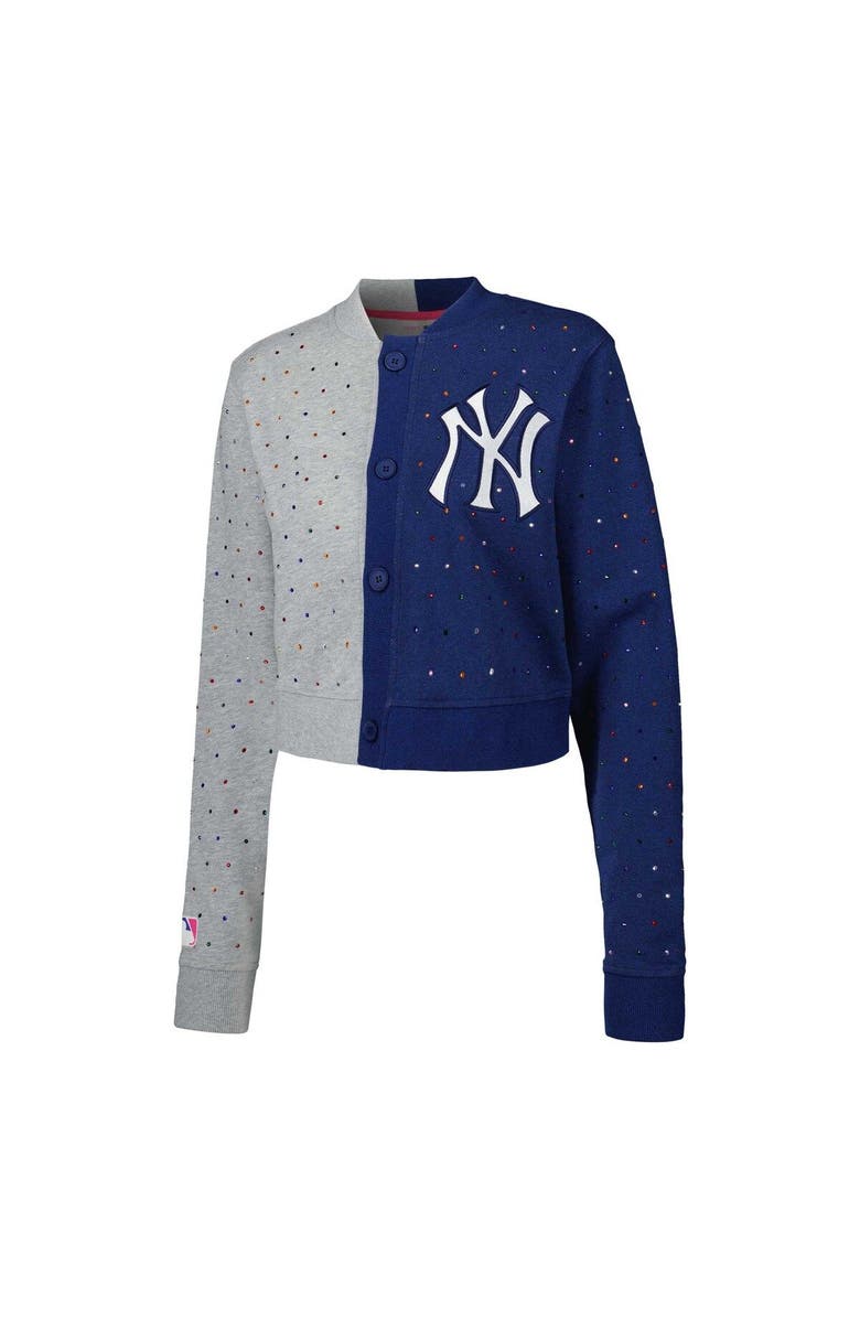 Terez Women's Terez Gray/Navy New York Yankees Cropped Button-Up Cardigan, Alternate, color, Gray