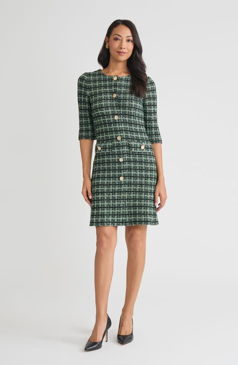 Plaid Multi-Stitch Knit Sheath Dress
