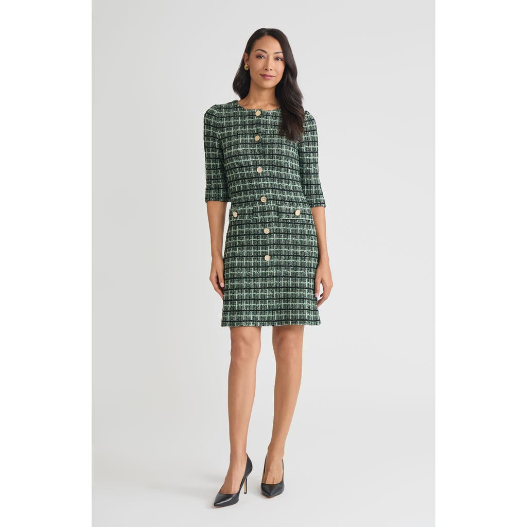 Misook Plaid Multi-stitch Knit Sheath Dress In Green