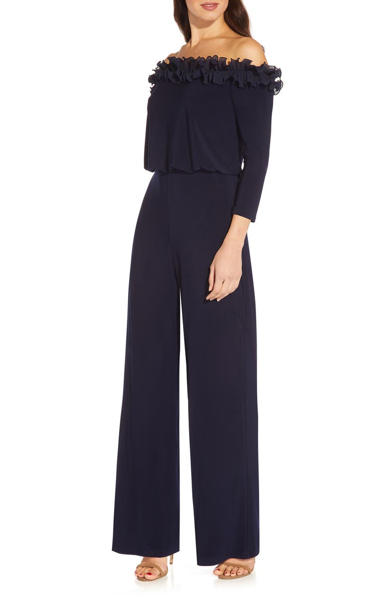 Adrianna Papell Ruffle Off the Shoulder Blouson Bodice Jumpsuit, Alternate, color, Navy
