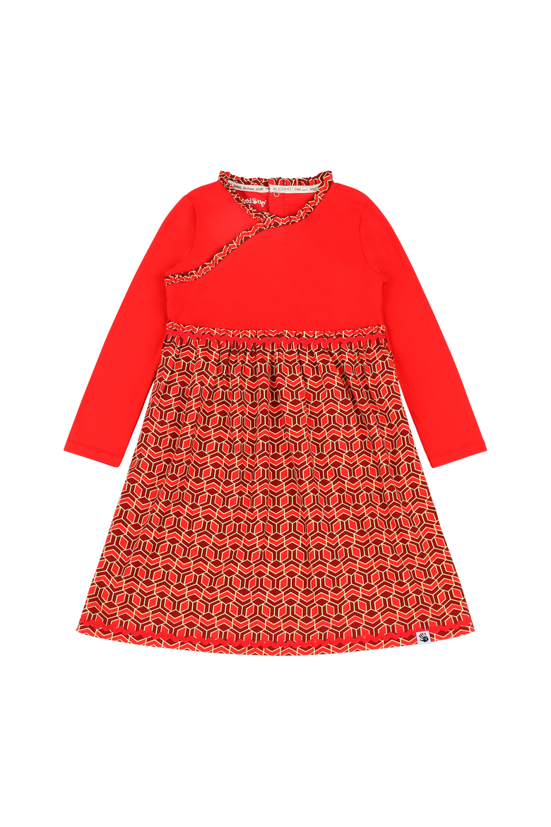 Girls Long Sleeve Ruffle Trim Dress, Alternate, color, Red Multicolor