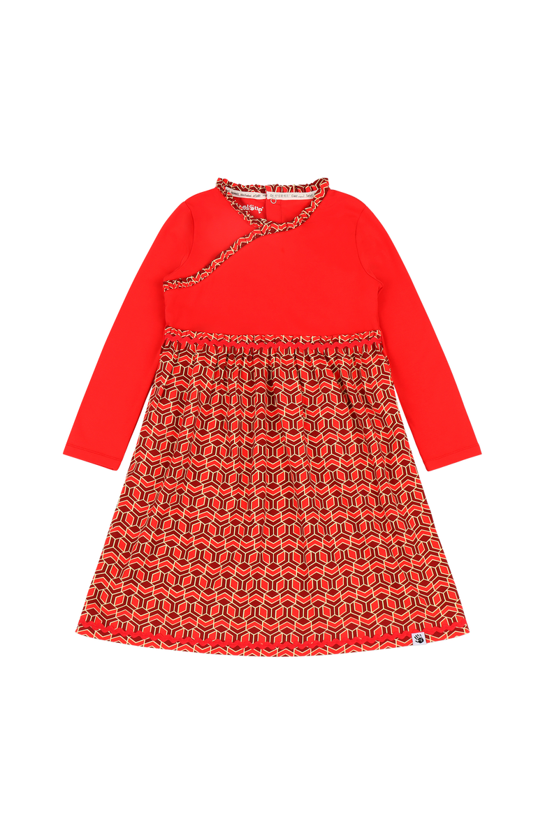 Mixed Up Clothing Girls Long Sleeve Ruffle Trim Dress, Alternate, color, Red Multicolor