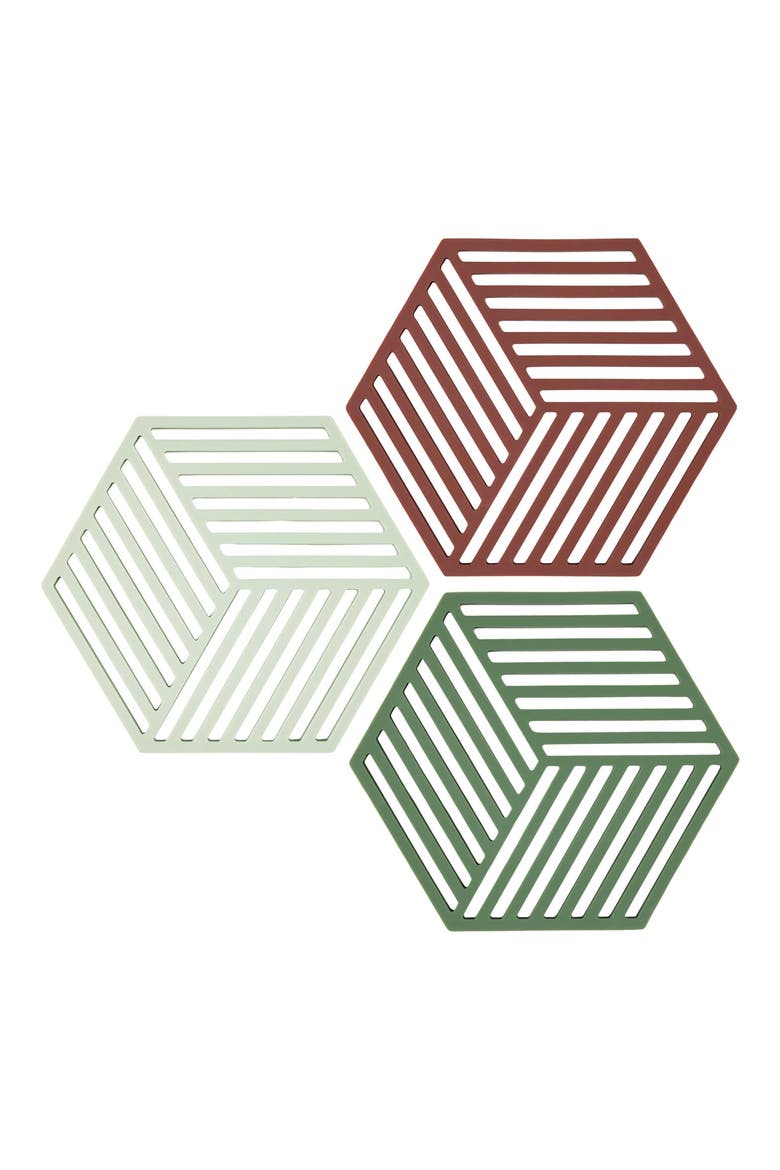 Hexagon Set of 3 Silicone Trivets, Main, color, BURGUNDY/ GRASS/ MINT