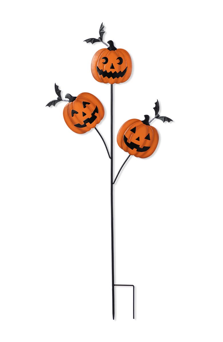 Glitzhome Halloween Metal Triple Pumpkin with Spring Bats Yard Stake, Main, color, Orange
