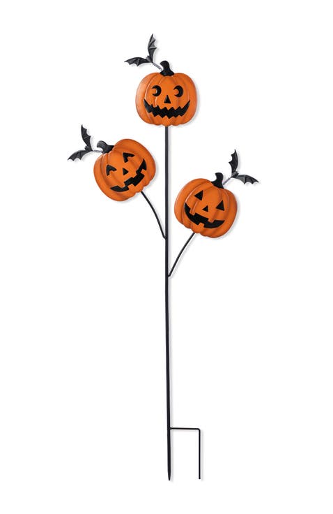Halloween Metal Triple Pumpkin with Spring Bats Yard Stake