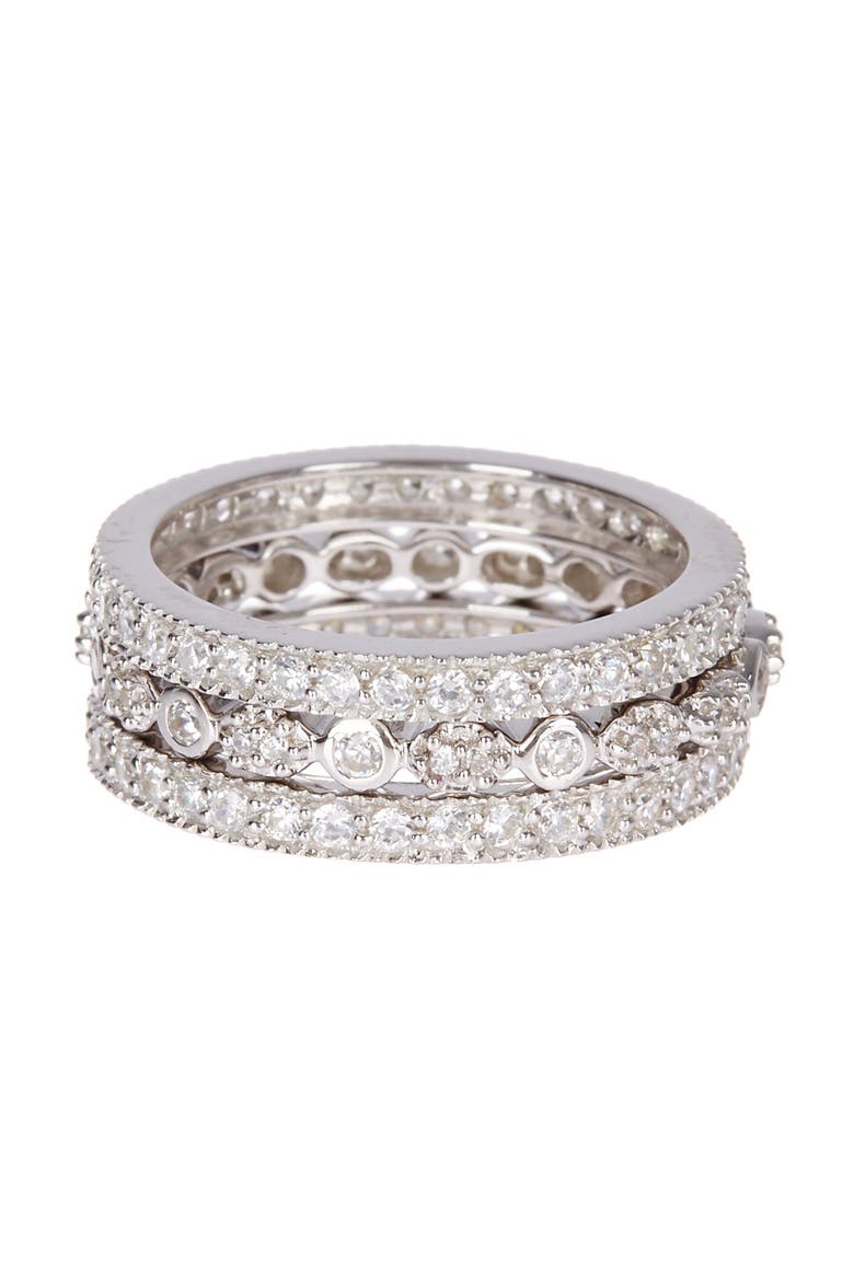 Sterling Silver Three Row CZ Band Ring - Set of 3, Main, color, SILVER