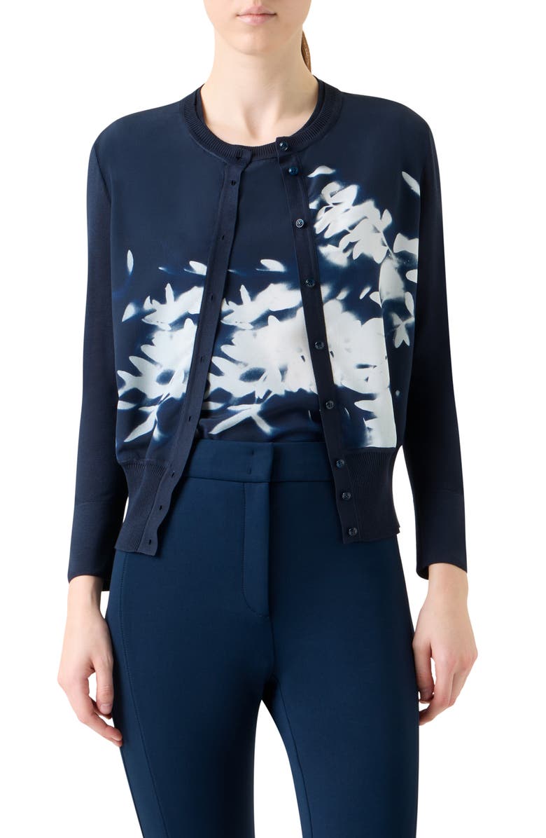 Akris Wildflower Print Silk Cardigan, Main, color, Navy-Ecru