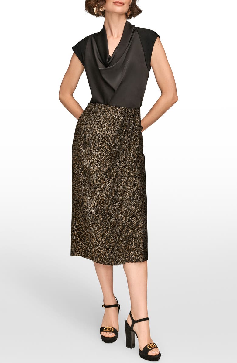Donna Karan New York Metallic Burnout Faux Wrap Skirt, Alternate, color, Black/ Gold