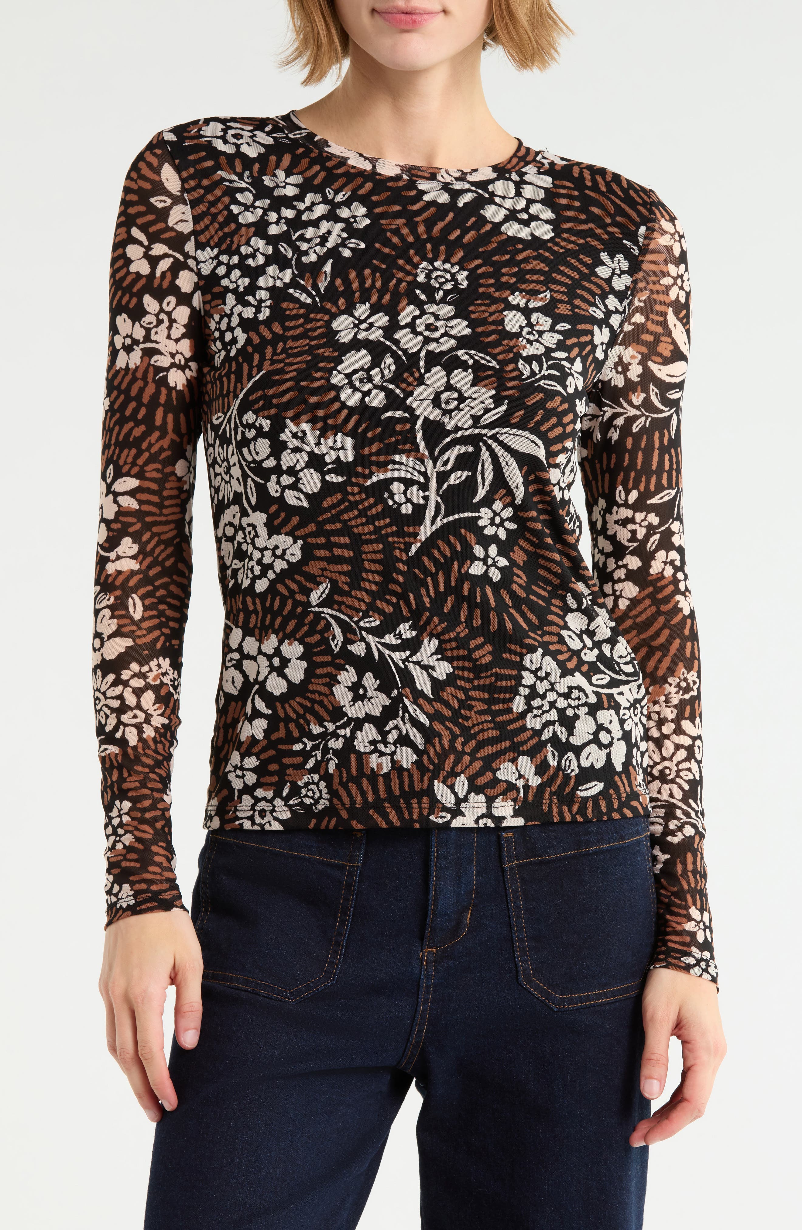 Print Long Sleeve Sheer Top