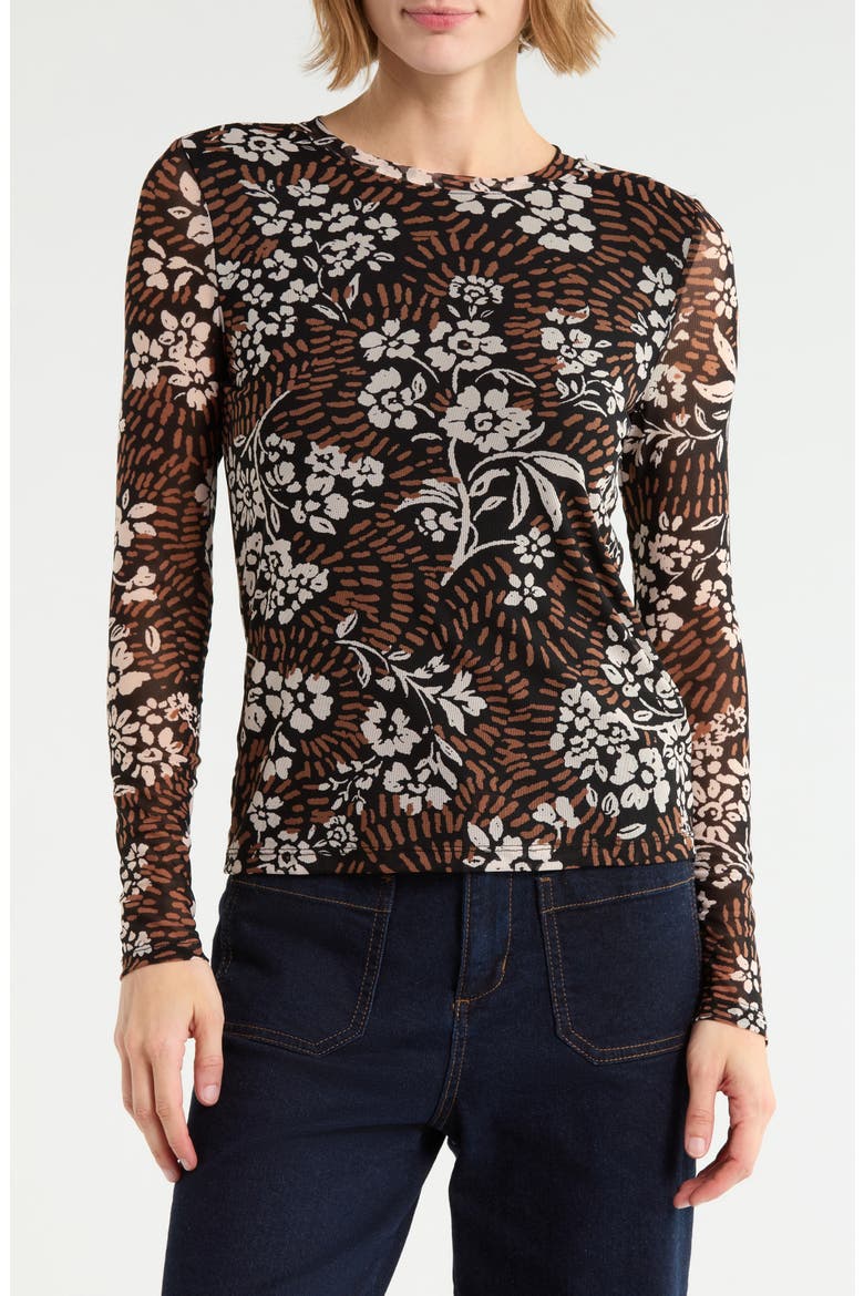 Print Long Sleeve Sheer Top, Main, color, COCOA PETAL BROWN