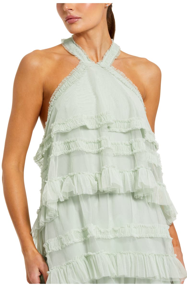 Mac Duggal Dot Mesh Ruffle Halter Neck Ankle Dress, Alternate, color, Seamist