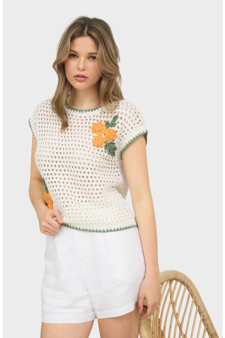 Floral Cap Sleeve Open Stitch Cotton Sweater, Alternate, color, IVORY
