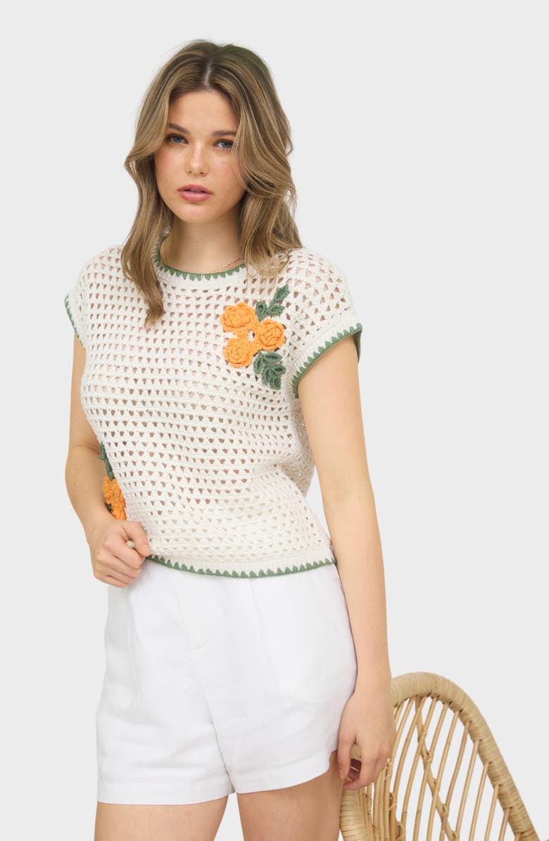 Blu Pepper Floral Cap Sleeve Open Stitch Cotton Sweater, Alternate, color, Ivory