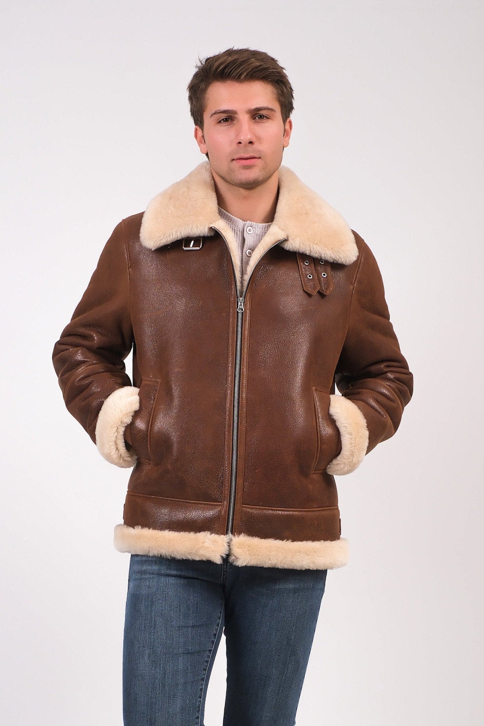 FURNIQ UK Rupert Textured Leather Shearling Aviator Jacket — фото 3